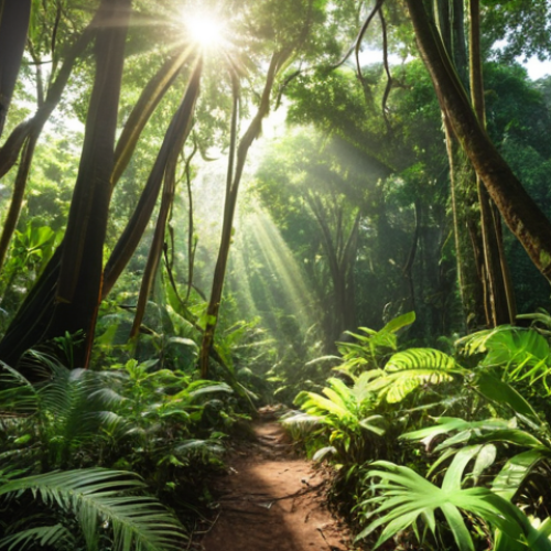 Lush green forest in Thailand with sunlight filtering through the canopy, showcasing carbon sequestration. Focus on the biodiversity and healthy ecosystem.