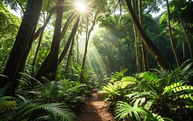 Lush green forest in Thailand with sunlight filtering through the canopy, showcasing carbon sequestration. Focus on the biodiversity and healthy ecosystem.