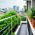 **Prompt 1: Urban Green Oasis**
    A vibrant, sunlit scene on a modern Thai condominium balcony or townhouse facade. The space is transformed into a lush green oasis with various potted plants, a small herb garden (like chili or basil), and a prominent vertical garden covering a wall. A young, cheerful Thai person is gently tending to the plants, creating a sense of calm and natural beauty amidst the city. In the soft-focus background, a glimpse of the modern Thai cityscape suggests the urban environment. The atmosphere is fresh, cool, and inviting, showcasing how small urban spaces can become vital green lungs.
    *   **Negative Prompts:** Overcrowded, polluted, gloomy, industrial, messy, abstract, low quality, no people.