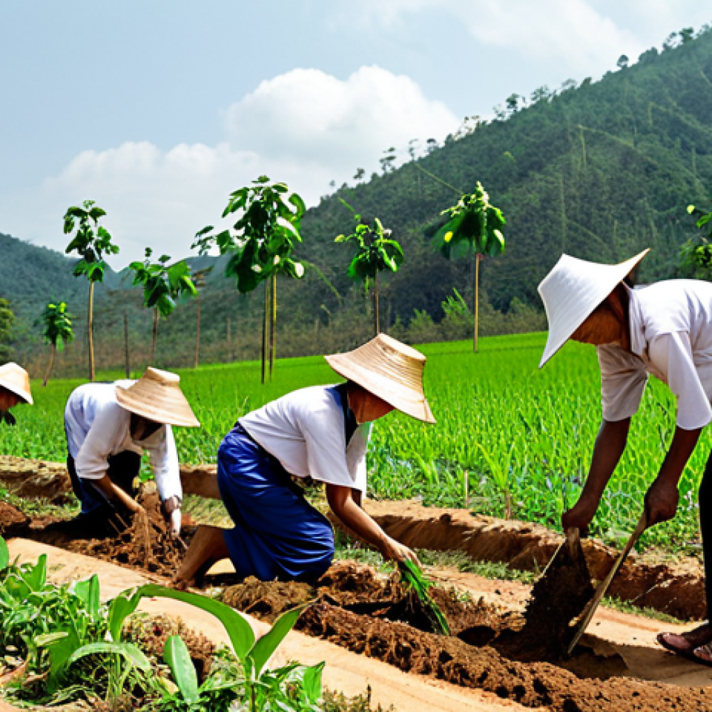 Community Reforestation Project**
"A group of Thai villagers, fully clothed in modest farming attire, collaboratively planting saplings in a deforested area in Northern Thailand, appropriate content, safe for work. Rolling hills in the background, sunlight dappled through the remaining trees, perfect anatomy, correct proportions, well-formed hands, professional photography, high quality, natural pose, family-friendly."
**