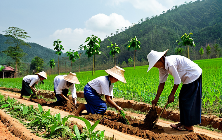 Community Reforestation Project**

"A group of Thai villagers, fully clothed in modest farming attire, collaboratively planting saplings in a deforested area in Northern Thailand, appropriate content, safe for work. Rolling hills in the background, sunlight dappled through the remaining trees, perfect anatomy, correct proportions, well-formed hands, professional photography, high quality, natural pose, family-friendly."

**