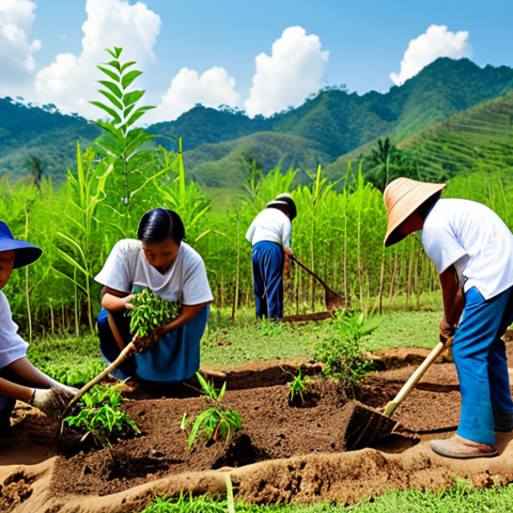 Community Reforestation**
A diverse group of people, fully clothed in appropriate gardening attire, planting saplings in a deforested area in rural Thailand. Background shows rolling hills and a bright sky. Focus on collaboration and community spirit. safe for work, professional, correct proportions, perfect anatomy, natural pose, well-formed hands.
**