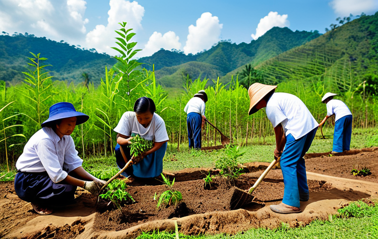 Community Reforestation**
A diverse group of people, fully clothed in appropriate gardening attire, planting saplings in a deforested area in rural Thailand. Background shows rolling hills and a bright sky. Focus on collaboration and community spirit. safe for work, professional, correct proportions, perfect anatomy, natural pose, well-formed hands.
**