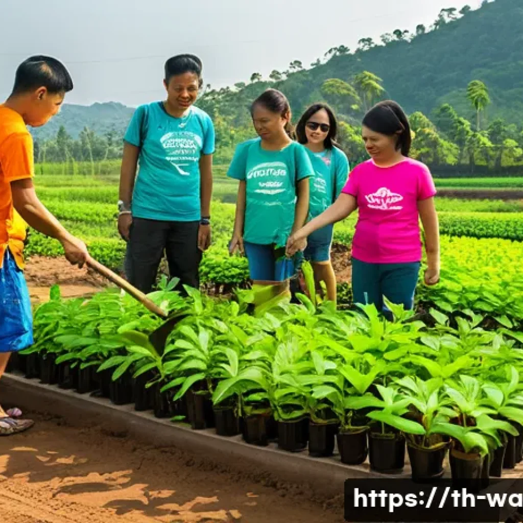 탄소 격리 식재 프로젝트에서의 파트너십 모델 - **Prompt:** A vibrant, large-scale forest planting event in a rural area of Thailand, showcasing tri...