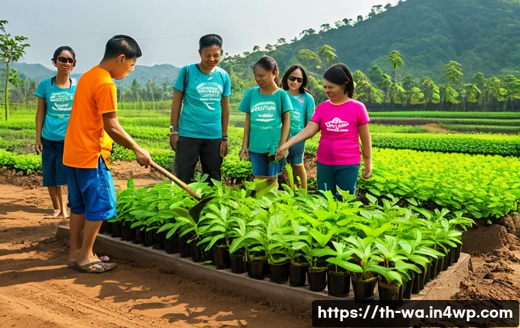 탄소 격리 식재 프로젝트에서의 파트너십 모델 - **Prompt:** A vibrant, large-scale forest planting event in a rural area of Thailand, showcasing tri...