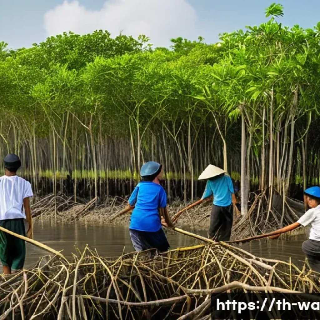 탄소 격리 식재의 지속가능성 평가 방법 - **Thai Villagers Planting Mangroves for the Future**
A vibrant, sunlit scene depicting a diverse...