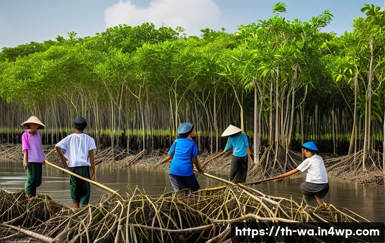 탄소 격리 식재의 지속가능성 평가 방법 - **Thai Villagers Planting Mangroves for the Future**
    A vibrant, sunlit scene depicting a diverse...