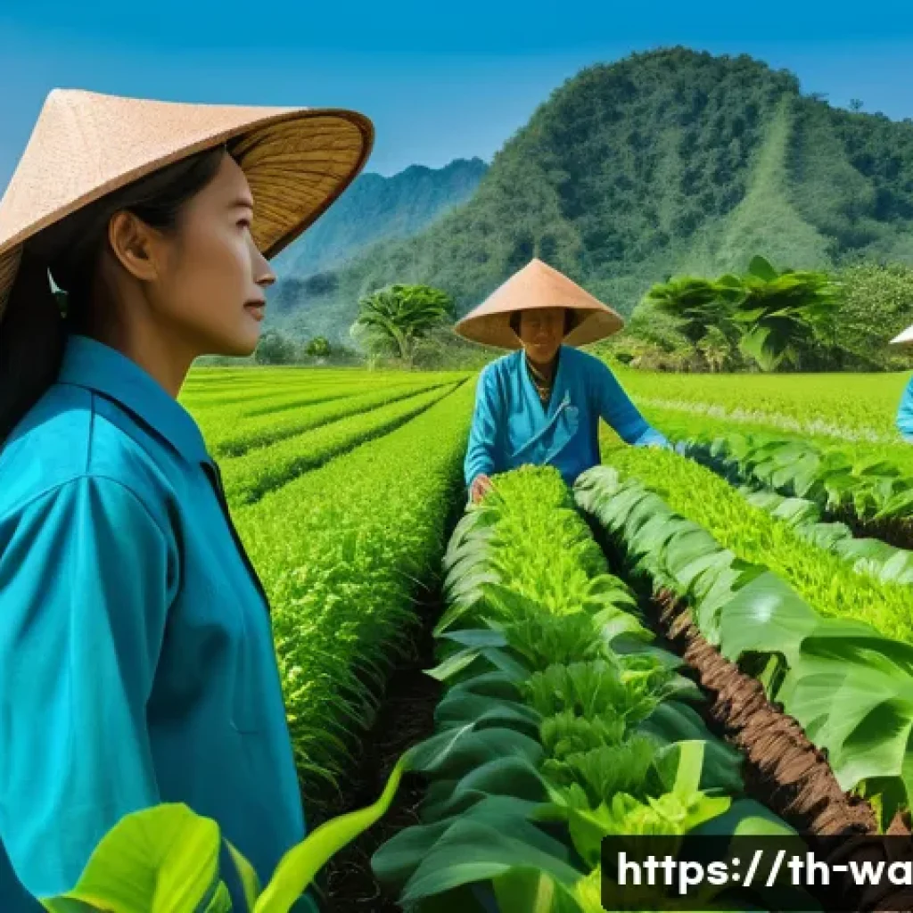 탄소 격리 기술의 최신 동향 - A vibrant northern Thailand farm scene showcasing special carbon-absorbing plants growing in neat ro...