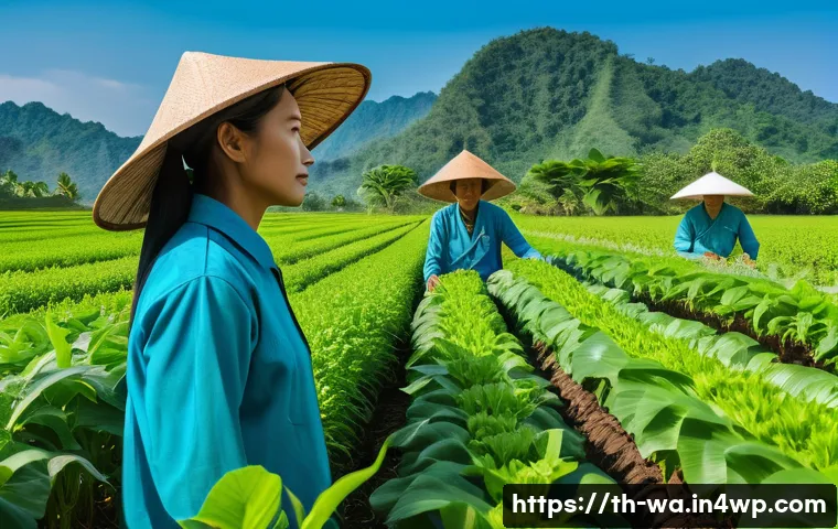 탄소 격리 기술의 최신 동향 - A vibrant northern Thailand farm scene showcasing special carbon-absorbing plants growing in neat ro...