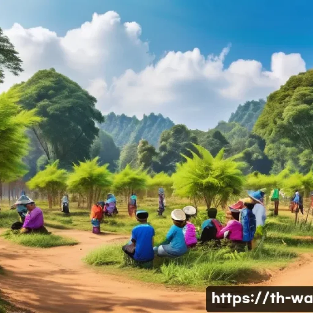 탄소 격리 식재 프로젝트의 사회적 책임 - A vibrant community park in northern Thailand featuring a diverse mix of native trees like pine and ...