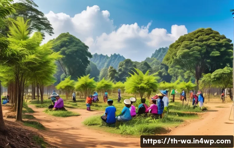 탄소 격리 식재 프로젝트의 사회적 책임 - A vibrant community park in northern Thailand featuring a diverse mix of native trees like pine and ...