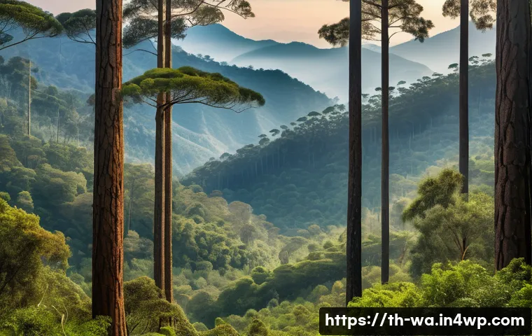 탄소 격리 식재 프로젝트의 성과 공유 및 확산 전략 - A detailed, vibrant forest scene in northern Thailand showcasing tall pine trees and eucalyptus tree...