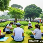 Home 21 탄소 격리 식재 프로젝트의 기후 교육 프로그램 - A vibrant community tree-planting event in a Southeast Asian urban park, featuring diverse local vol...