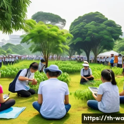 Home 33 탄소 격리 식재 프로젝트의 기후 교육 프로그램 - A vibrant community tree-planting event in a Southeast Asian urban park, featuring diverse local vol...