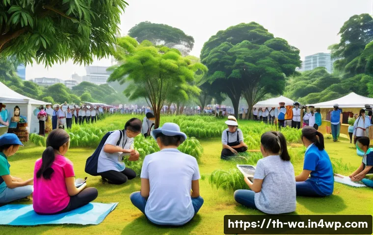 탄소 격리 식재 프로젝트의 기후 교육 프로그램 - A vibrant community tree-planting event in a Southeast Asian urban park, featuring diverse local vol...