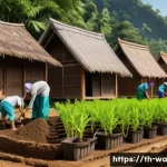 Home 20 탄소 격리 식재 프로젝트를 위한 글로벌 협력 사례 - A vibrant community tree planting event in a rural Southeast Asian village, featuring diverse local ...