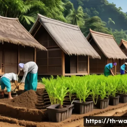 Home 32 탄소 격리 식재 프로젝트를 위한 글로벌 협력 사례 - A vibrant community tree planting event in a rural Southeast Asian village, featuring diverse local ...