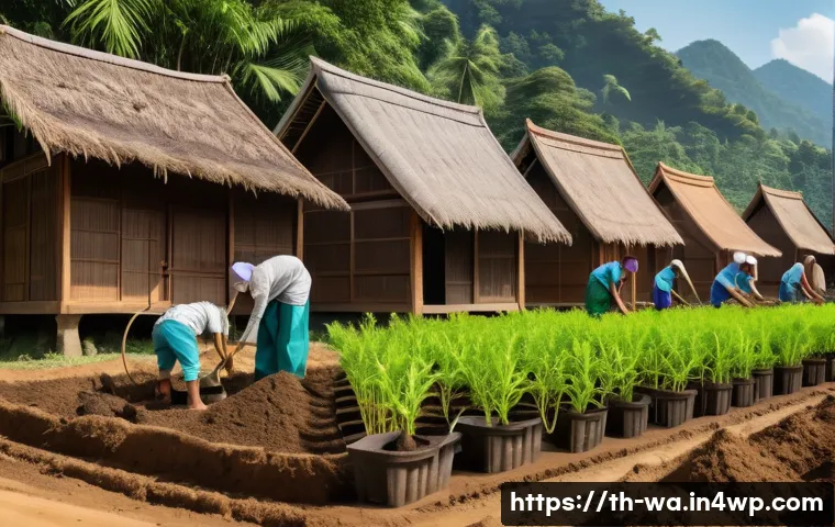 탄소 격리 식재 프로젝트를 위한 글로벌 협력 사례 - A vibrant community tree planting event in a rural Southeast Asian village, featuring diverse local ...
