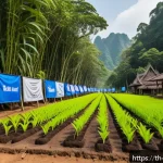 Home 19 탄소 격리 식재 프로젝트의 재정적 지속 가능성 - A vibrant community tree-planting event in rural Thailand, featuring local villagers in casual cloth...