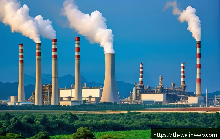 탄소 격리 프로젝트의 사업 모델 분석 - A detailed industrial landscape showing a modern Thai coal-fired power plant equipped with advanced ...